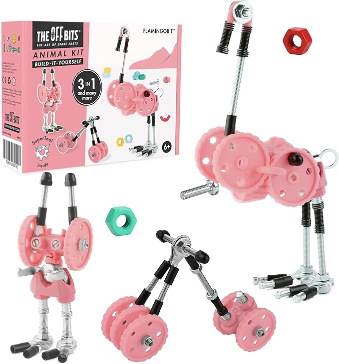 The Off Bits Erector Set: Animal Mini STEM Toys for Kids 6+, Toy Building Sets with Nuts & Bolts, STEM Building Toys Gifts for Boys and Girls (Pink Flamingo)