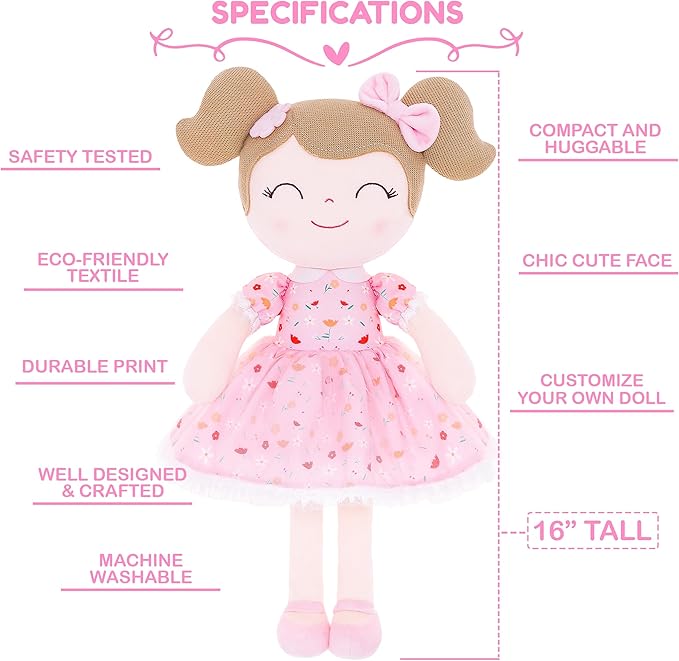 Gloveleya Personalized Doll with Your Name - Cute Floral Pink Custom Soft Plush Doll for Girls Plush Doll Customized Gifts - Muñecas de Trapo Personalizadas para Niñas