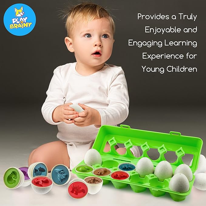 Play Brainy Dinosaur Egg Toys for Toddlers 3+ Montessori, 12 Pc Set, Geometric Egg Puzzle Toy, Early Learning & Educational STEM, Color Recognition, Sorting & Shape Matching, Fine Motor, Easter Gift