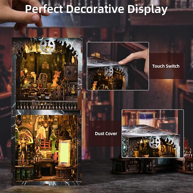 Book Nook Kit, DIY Miniature Dollhouse Booknook Kit, 3D Wooden Puzzle Bookend Bookshelf Insert Decor with LED Light for Teens and Adults (Steampunk Mad Scientist Laboratory)