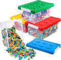 Vicenpal 4 Pack Toy Storage Containers with Lids Brick Shaped Kids Toy Organizer Box Plastic Clear Stackable Bin Chest for Building Block Dolls(Large,Red, Yellow, Blue, Green)