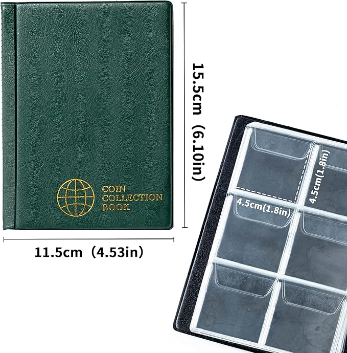 Coin Collection Album 60 Pockets - 4.5x4.5cm/1.8x1.8 inch Coin Holder Book Coin Storage Album Money Penny Pocket for Collectors Green CS0106GR