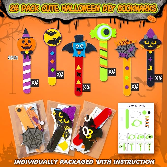 24 Piece Halloween Crafts for Kids Ages 4-8, DIY Bookmark Craft Bulk for Party Favors & Classroom Rewards