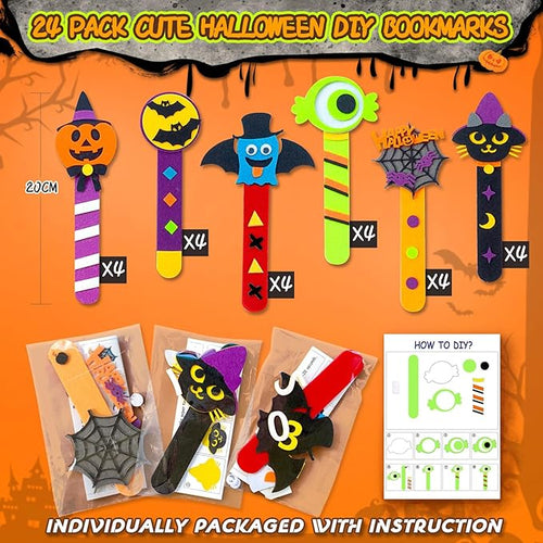24 Piece Halloween Crafts for Kids Ages 4-8, DIY Bookmark Craft Bulk for Party Favors & Classroom Rewards