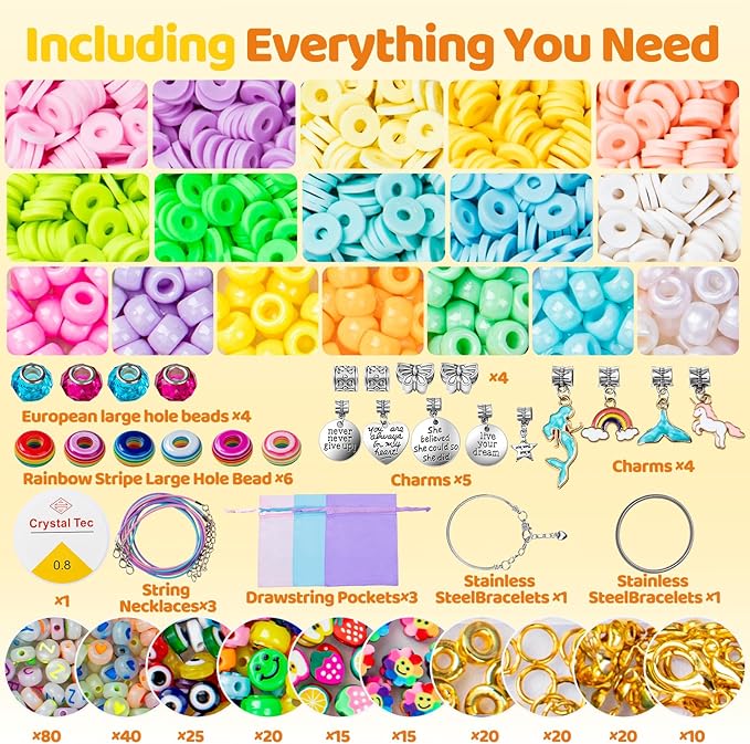 Taybonds Bracelet Making Kit for Girls Ages 4-12, 2200+ Beads Jewelry Craft Set with Charms, Unicorn Mermaid Pendants, Alphabet Beads, DIY Necklace Bracelet Kit Gift for Kids
