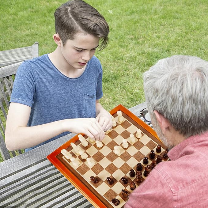 Juegoal 12-Inch Wooden Chess & Checkers Set with Storage Drawer, Portable Board Games for Kids and Adults