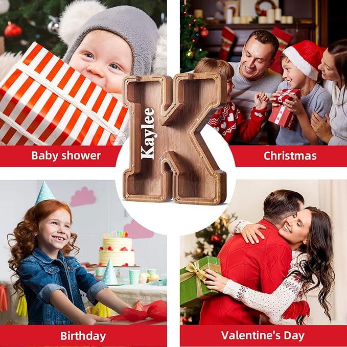 Summidate Customized Name Extra Large Wooden Piggy Bank for Kids Boys Girls Alphabets Letter A-Z Coins Bills Money Change Saving Box Clear Cover (Laser Engraved) Educational Toys 12"- Letter U