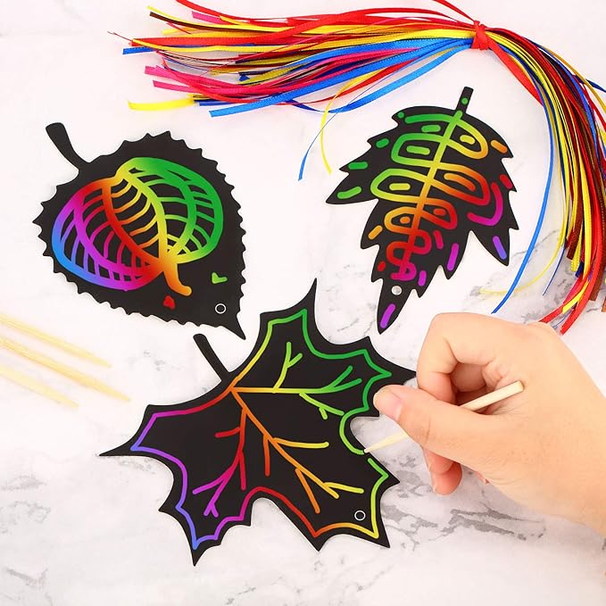 50 Pieces Scratch Fall Leaves Colorful Scratch Leaves Paper with Ribbons and Wooden Stylus for Thanksgiving Harvest Party(Black)