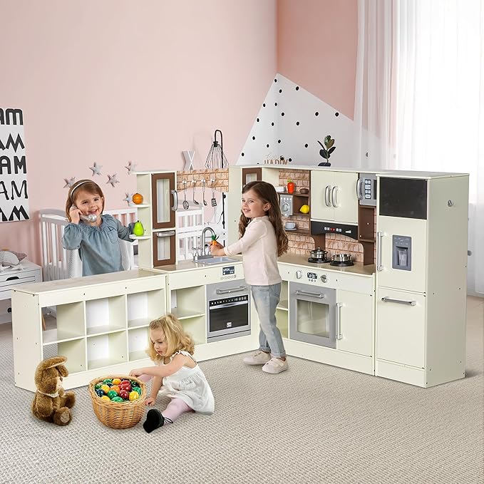 3-Piece Kids Kitchen Playset, Walk-in Wooden Play Kitchen Set for Toddlers, Modular Pretend Play Kitchen w/Light&Sound, Large Corner Kitchen Cooking Toy w/Coffee Capsule, Gift for Girls Boys