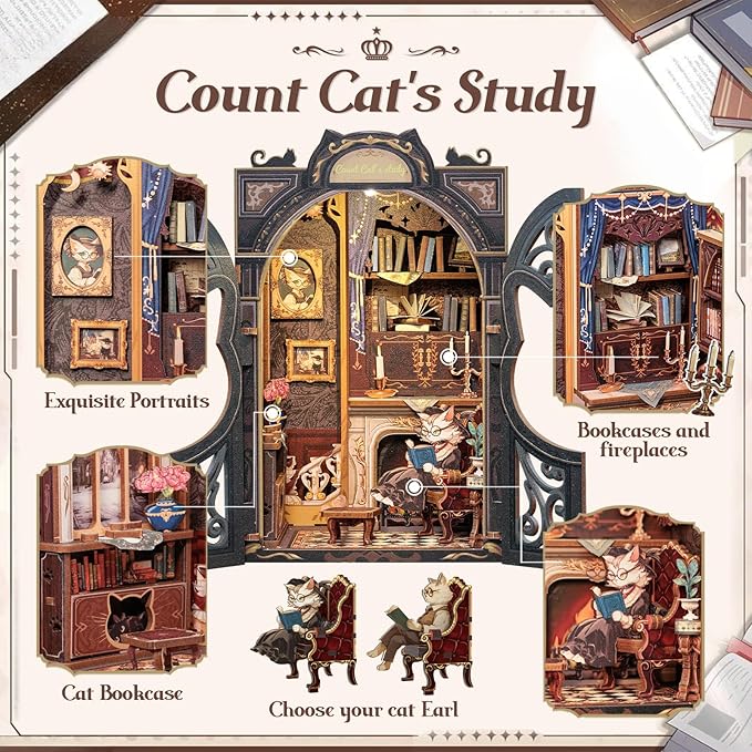 Cutefun Book Nook Kit - DIY Miniature House Kit for Bookshelf Decor, Book Nook Kits for Adults & Beginners, 3D Wooden Puzzle Dollhouse, Ideal Gift for Family and Friends (Count Cat's Study)