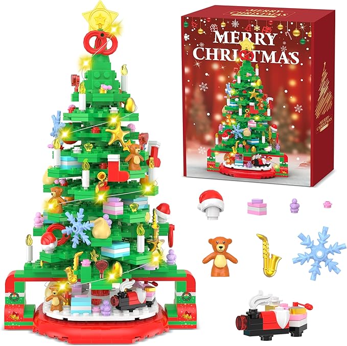 Flyart Christmas Tree Building Blocks, Toy Building Sets with LED Light, Christmas Tree Building Bricks with Christmas Train, Stocking, Snowflake, Xmas Gifts for Kids Adults Teens