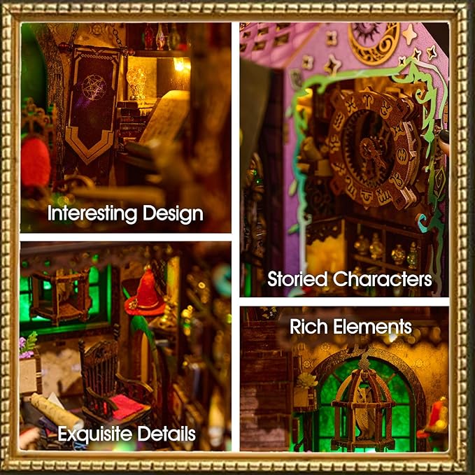 [2025 New] Mystic Theurge's Book Nook Kit with Dust Cover & LED Light, DIY Miniature House Kit Toy, 3D Wooden Puzzle Bookshelf Decor Building Kit, Birthday Gifts for Family & Friends