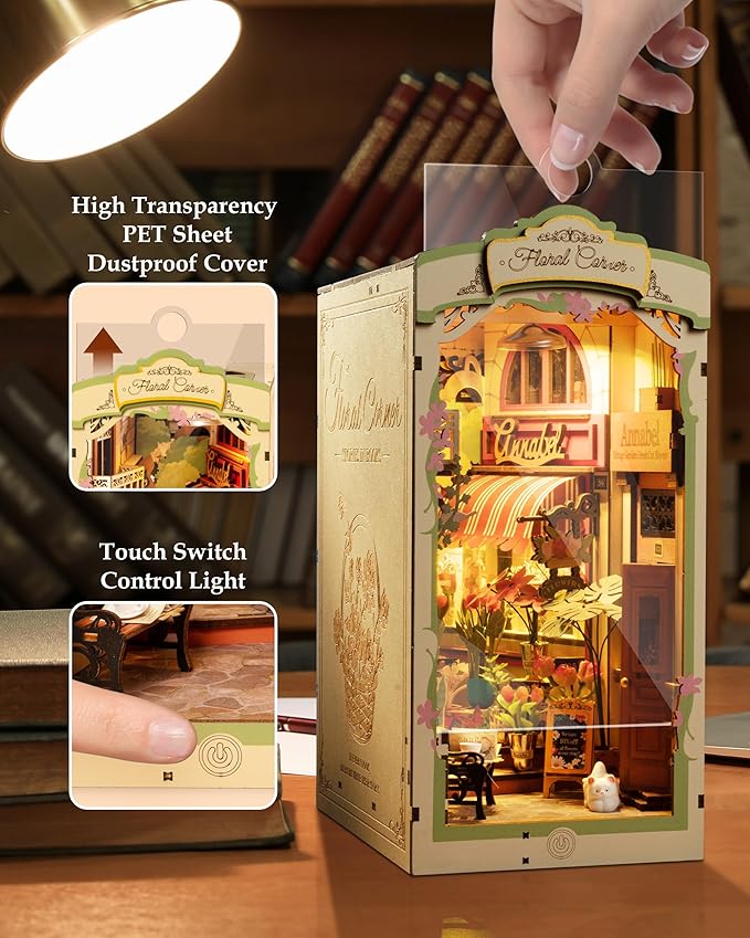 ROBOTIME DIY Book Nook Kits, Miniature House Kit, 3D Wooden Puzzle with LED, Dollhouse Booknook Kit, Creative Bookends Bookshelf Diorama Insert for Teens and Adults (Floral Corner)