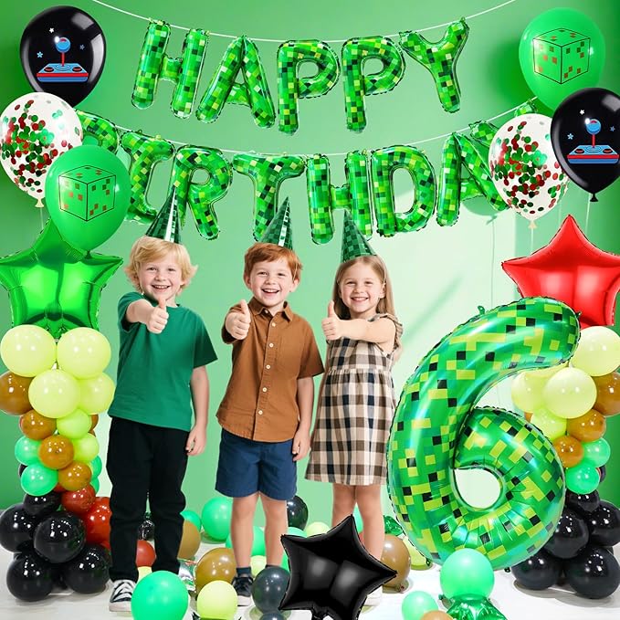 40in TNT Pixel Number 6 Balloon Birthday Decorations, Miner Theme Green Foil Balloons Blast Gaming Party Supplies