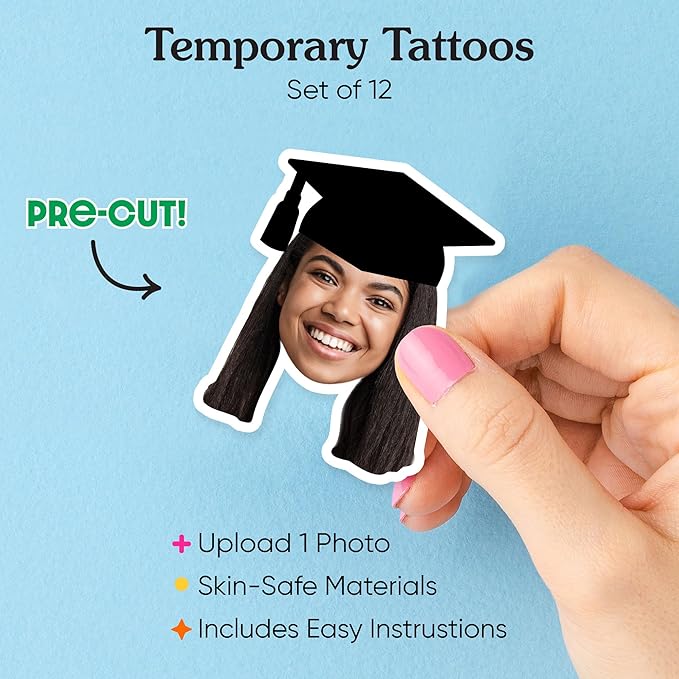 Big Dot of Happiness Custom Photo Grad Cap - Graduation Party Favors - Fun Face Temporary Tattoos - Set of 12