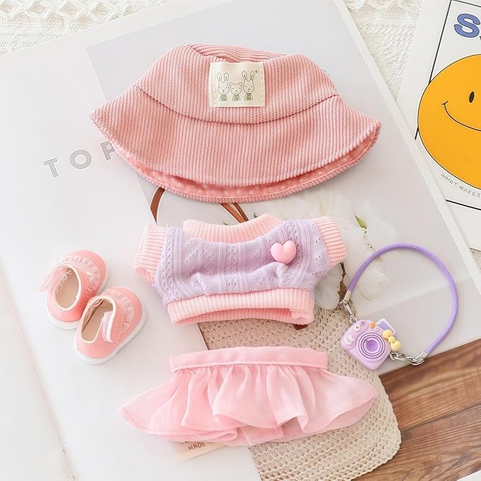 17cm Doll Clothes Set (No Doll), 5 Pieces Skirt Outfit Set for 6.7inch Dolls Dress Suit, Fashion Kawaii Dress Up Hat Overskirt Shoes Accessories for 1st/2nd/3rd Gen Dolls Play & Display Pink