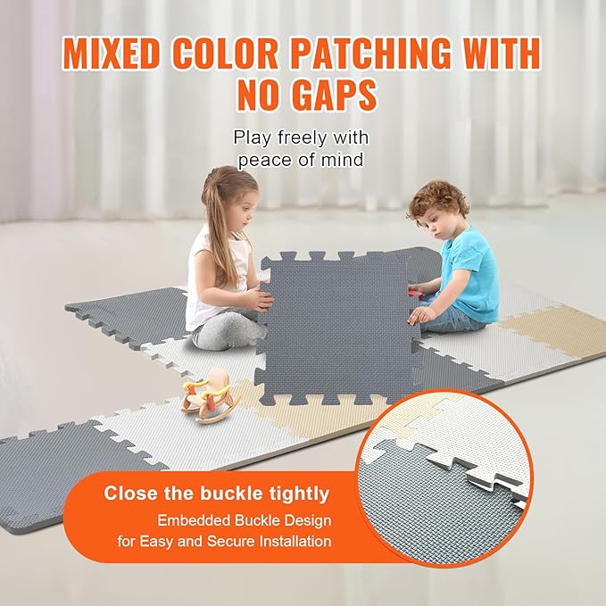 VEVOR 16-Tile Kids Play Mat, 0.4" EVA Foam, 12" x 12" Puzzle Mat, Interlocking Mats for Play Room, Nursery, Living Room, Camel, Gray, Beige