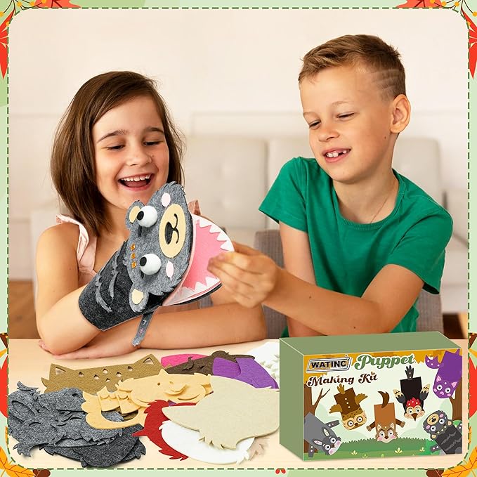 WATINC 6Pcs Hand Puppet Making Kit, Art Craft Felt Sock Puppet Toys, Creative DIY Make Your Own Pompoms Wiggle Googly Eyes Storytelling Role Play Party Supplies Gift for Girls Boys (Woodland B)