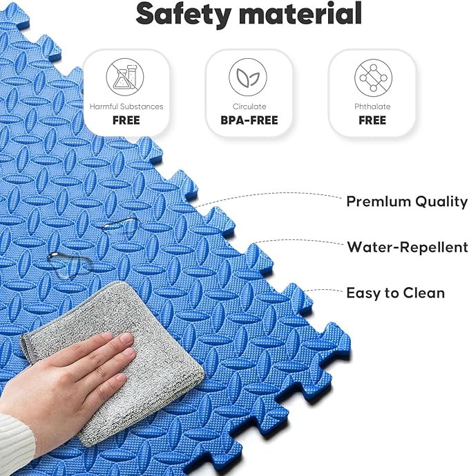 Home Gym Mat, Puzzle Exercise Mat, of EVA Interlocking Foam Floor Tiles for Home Workout Equipment and Kids' Play Areas - Blue, 24 in x 24 in x ½ in - 16 Tiles (Blue, 16 Pack 64 sq ft)