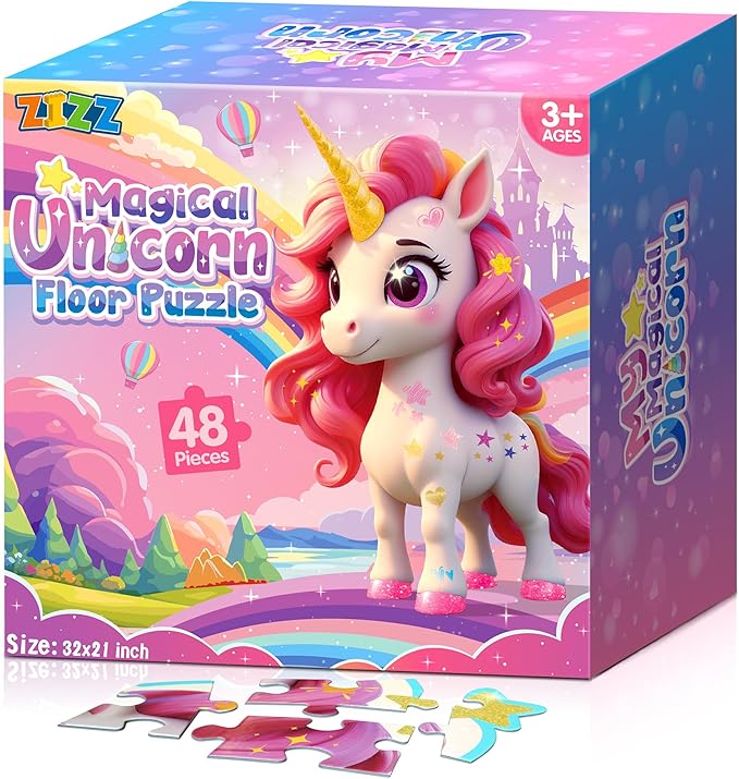 ZIZZ Unicorn Floor Puzzles for Kids Ages 3-5, 4-8 Years Old - Giant 48 Pieces Jigsaw Puzzles for Kids Ages 4-6 - Unicorn Toys for Girls - Puzzles for Toddlers - Girl Gifts for Birthday Christmas