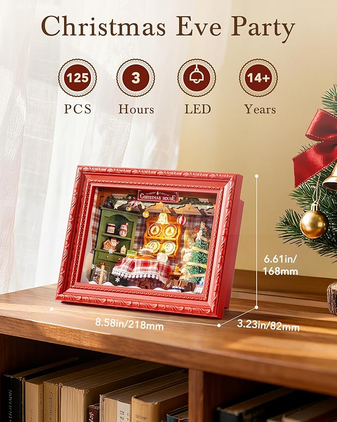 Rolife DIY Miniature House Kit, Mini Wooden Dollhouse Kit for Adults to Build, 3D Shadow Box Frame Home Wall Hanging Decor Diorama Kit, for Girls Women Teens-Christmas Eve Party