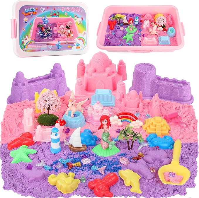 Lokuc Unicorn Sensory Bin for Girl, Unicorn and Mermaid Sensory Sand Kit Toy, 60Pcs Sandbox with 2.2 lbs Magic Sand Sensory Bins, Christmas Birthday Gift for Toddler Kid Age 3 4 5 6 7 8