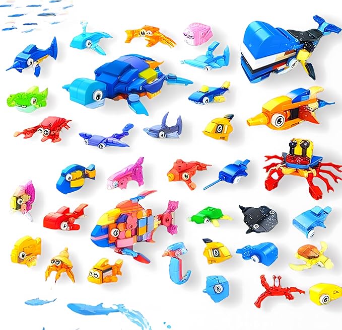 30 Packs Building Blocks Party Favors for Kids, 10 in 1 Mini Animals Building Block Sets for Classroom Prizes, Birthday, Party Favors Return Gifts, Valentines, Easter Gifts (Ocean)