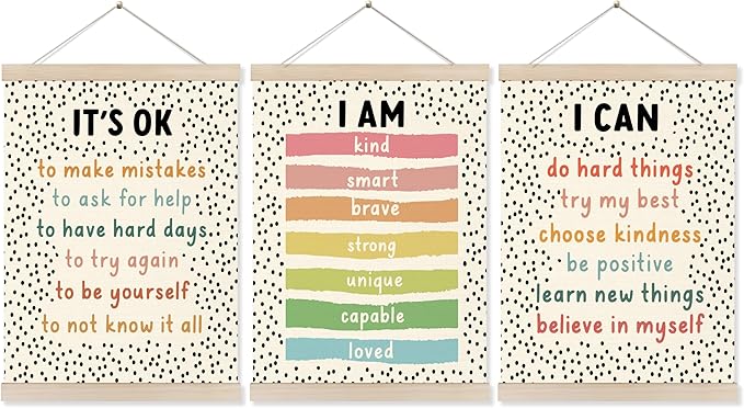 Koesus Inspirational Classroom Wall Art Poster Hanger Frame 12x16 Inch Set of 3, Motivational Canvas Pictures Prints Framed Wall Decor for Classroom Kids Room Playroom, Positive Affirmations for Kids