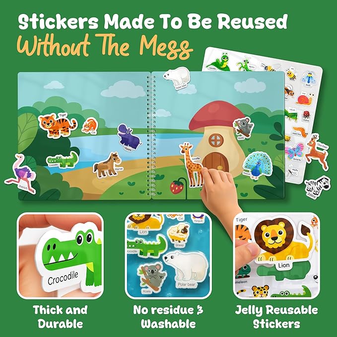 Excool Club 10 Pages Reusable Jelly Stickers for Toddlers - Waterproof Reusable Sticker Book for Kids, Easy to Clean Removable Animal Stickers for Kids, Sticker Books for Toddlers