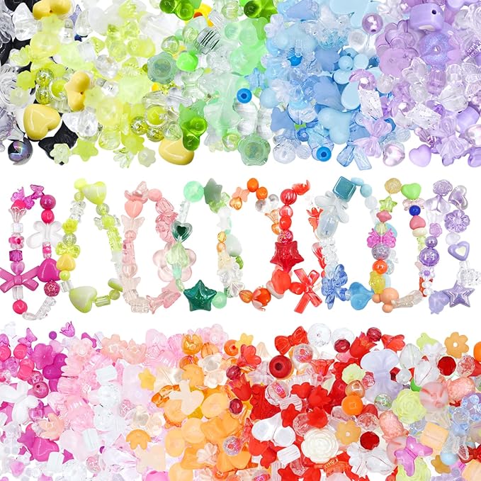 RYKOMO 300-360PCS Acrylic Beads, Cute Assorted Kawaii Aesthetic Beads for Jewelry Making, DIY Bracelet Necklace, Phone Lanyard (10 Candy Colors)
