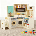 Costzon Corner Play Kitchen, Large Pretend Play Kitchen w/Real Light & Sound, Pull-Out Trash Can, Stoves, Microwave, Oven, Washer, Little Chef Wooden Kitchen Playset for Kids 3+ Years Old (Off White)