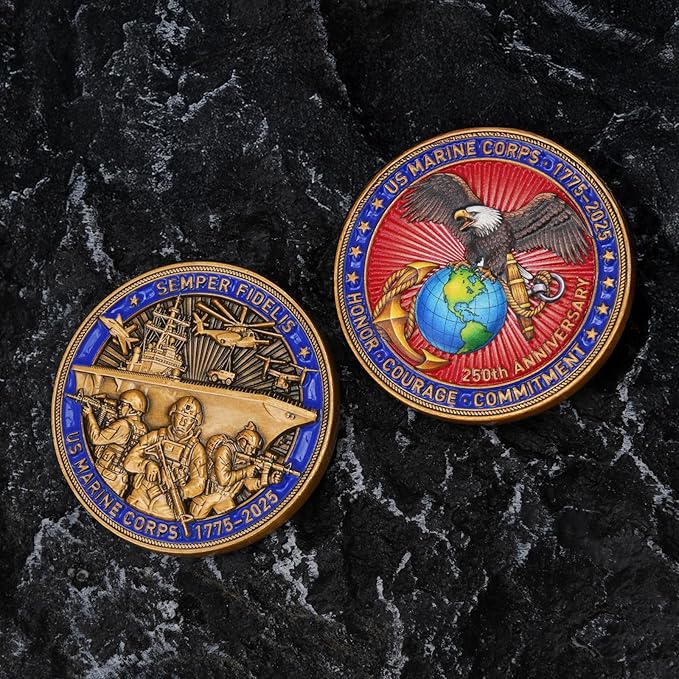 US Marine Corps 250th Anniversary Challenge Coin - Double-Sided Eagle, Globe & Anchor Design - 1775-2025 Honor Military Coin - Courage & Commitment Keepsake for Veterans & Marines