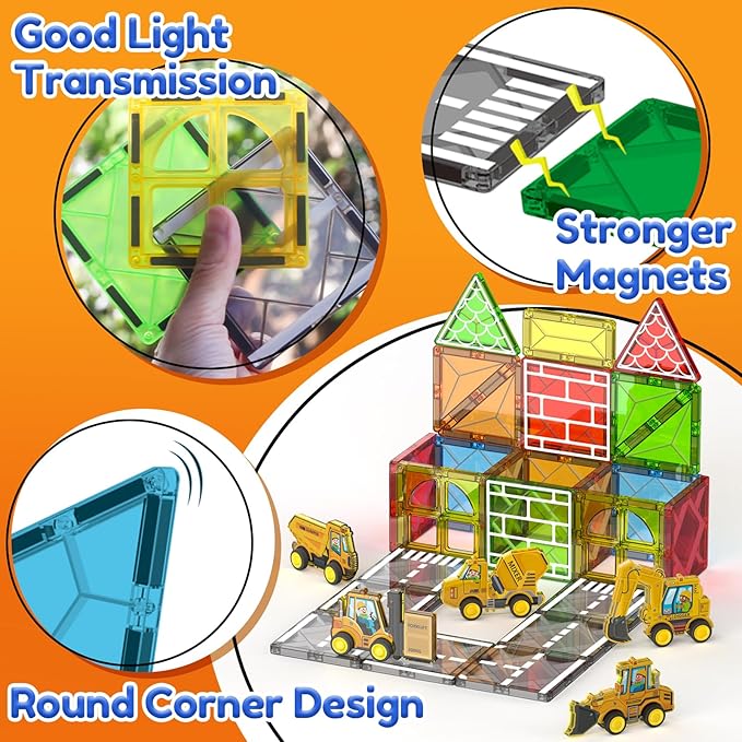 Oriate Magnetic Tiles Engineering Construction Vehicle Road Set,Kids Toys Games with Magnetic Blocks STEM Educational,City Sensory Magnet Tiles,Birthday Gifts for Kids ages 3+ Boys Girls Toys with Car