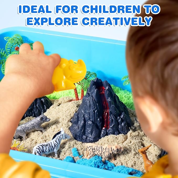 Billeeit Animal Sensory Bin Sand Toy, Play Sand Kit w/lid and 2.2lbs Magic Sand, Molds, Tools, Map Set 35pcs Total, Fun Gift for Kids 3+