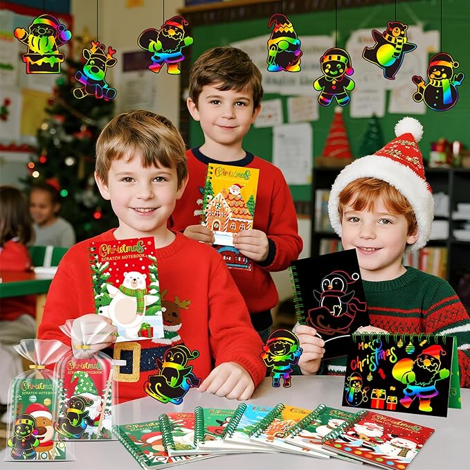 12 Pack Christmas Scratch Art Party Favors for Kids - Rainbow Scratch Paper with Christmas Scratch Off Cards Easter Birthday Goodie Bags Stuffers - Winter Holiday Gifts DIY Classroom Prizes