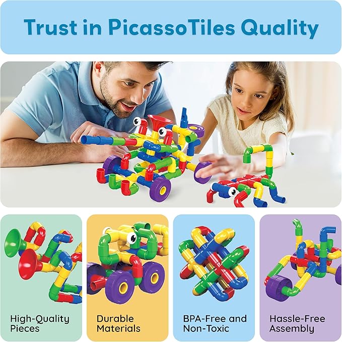 PicassoTiles PTT136 136pcs Tubular Pipes & Spout STEAM Interlocking Educational Building Block Set, Tube Locks, Pipeworks Construction Blocks w/Storage Container Box, Idea Book, Flute Musical Kit