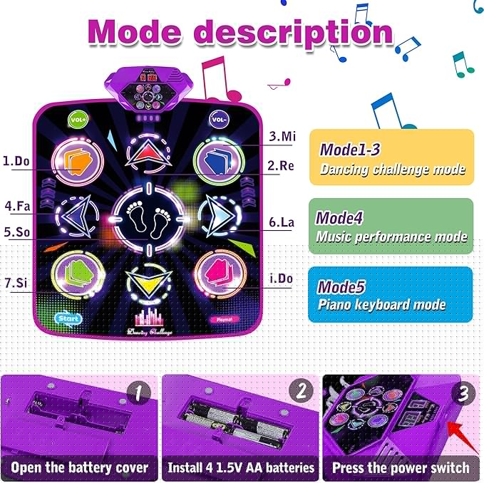Dance Mat for Kids, Adjustable Volume, Built-in Music, 5 Game Modes, Dancing Game Pad for 3 4 5 6 7 8+ Year Old Girls Boys, Dance Toys Gifts, Perfect Xmas Birthday Gift