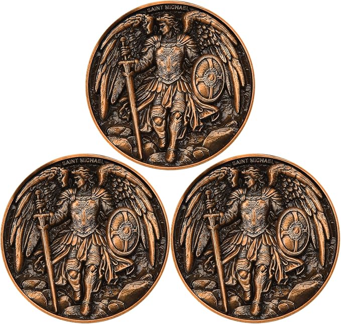 3Pcs Saint Michael Archangel Protection Coin, 1.57-Inch Double-Sided Zinc Alloy Collectible with Antique Finish, Featuring Saint Michael Prayer Christian Challenge Coin (Pack of 3)