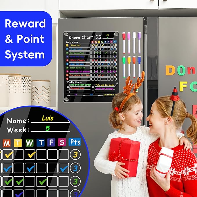 Acrylic Magnetic Chore Chart for Kids & Adults, 12"x9.5" Clear Dry Erase Reward Board - Behavior and Responsibility Refrigerator Chart for at Home Multiple Kids, Teens(w/ 8 Markers & Towel)
