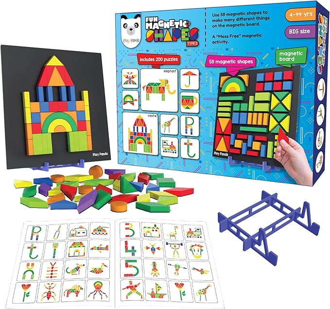 Magnetic Tangram Puzzle Learning Toy | 200 Patterns, 58 Big Magnetic Tangram Pieces with Board, Pattern Book & Display Stand | STEM Educational Toys for Kids Ages 4 5 6+ Years|Gifts for Girls & Boys