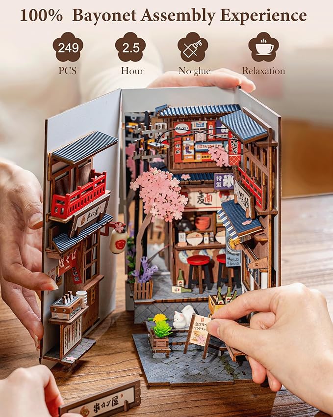 Rolife Book Nook Kit Sakura Wine Alley, 3D Wooden Puzzle Booknook for Bookshelf Decor, Japanese-Inspired Sakura Theme Creative DIY Miniature Dollhouse Kit, Crafts Gifts for Adults, Teens & Book Lovers