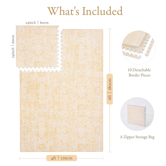 PopsyKosy Premium Exercise & Baby Foam Play Mats - Stylish & Large Non-Toxic Odorless Floor Mat - 6 Tiles - Spacious 6ft x 4ft - Peel-Resistant Reinforced - Soft Thick, Waterproof - Light Apricot