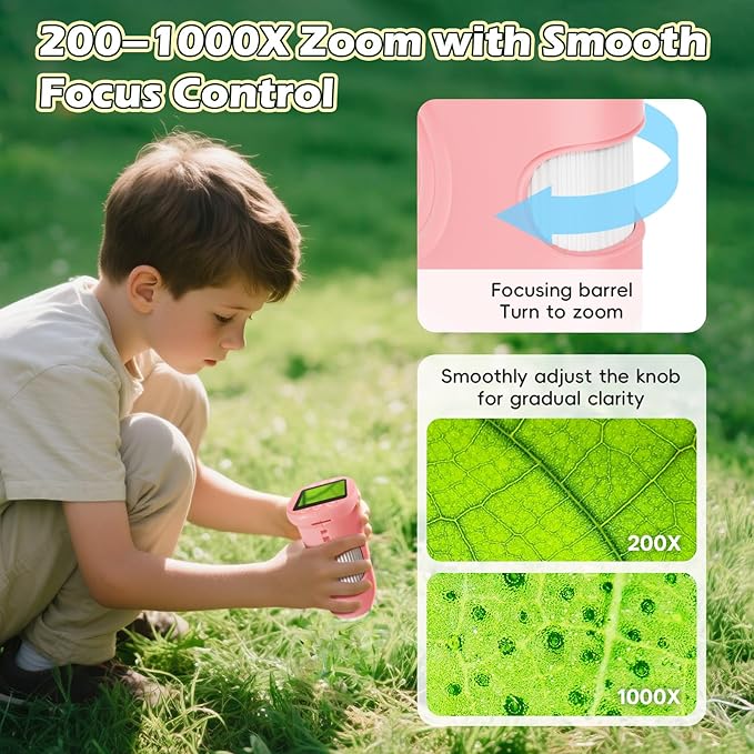 Kids Microscope Digital 1000X Zoom, Mini Pocket Handheld Microscope Portable Travel Toys, HD Photo & Video with 8GB SD Card, Christmas Birthday Gifts for Girls, STEM Toys for Toddlers Age 3-8