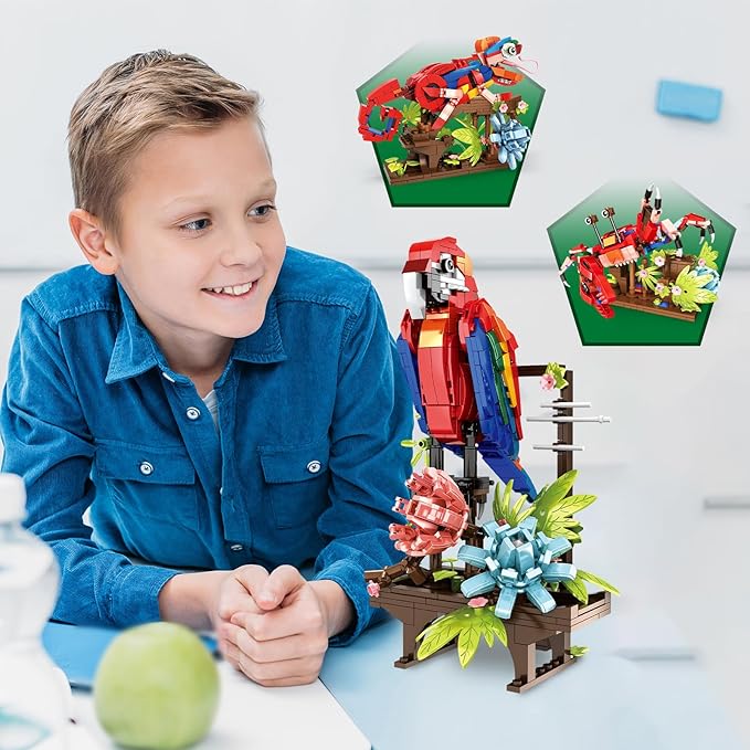 Animal Flowers Building Set for Kids 6+, 3 in 1 Transforms to 3 Different Animal Figures - from Colorful Parrot, to Lifelike Chameleon, to Cute Crab- Perfect for Home Decor & Creative Gifts（538 PCS）