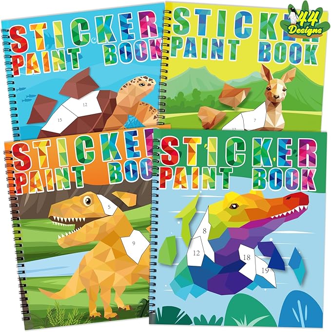 90shine 4PCS Sticker Books for Kids Ages 4-8 Includes Underwater Pet Dinosaur Rainbow Themed Multiple Designs Party Gift Create 44 Pictures