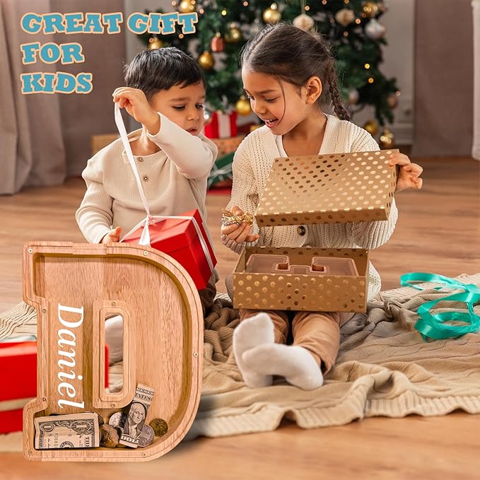 Wooden Letter Piggy Bank for Kids Larger Letter Piggy Bank for Boys and Girls Personalized Piggy Bank Initial Coin Bank Wood Kids Money Bank for Birthday and Festival