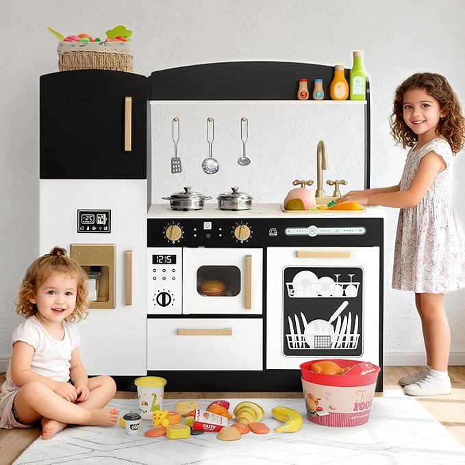 Kinder King Wooden Kids Play Kitchen, Toy Kitchen Playset for Toddler, Play Kitchen Set w/Blackboard, Transparent Coloring Board, Pretend Dishwasher, Oven, Ice Maker, Gift for Boys Girls Age 3+, Black