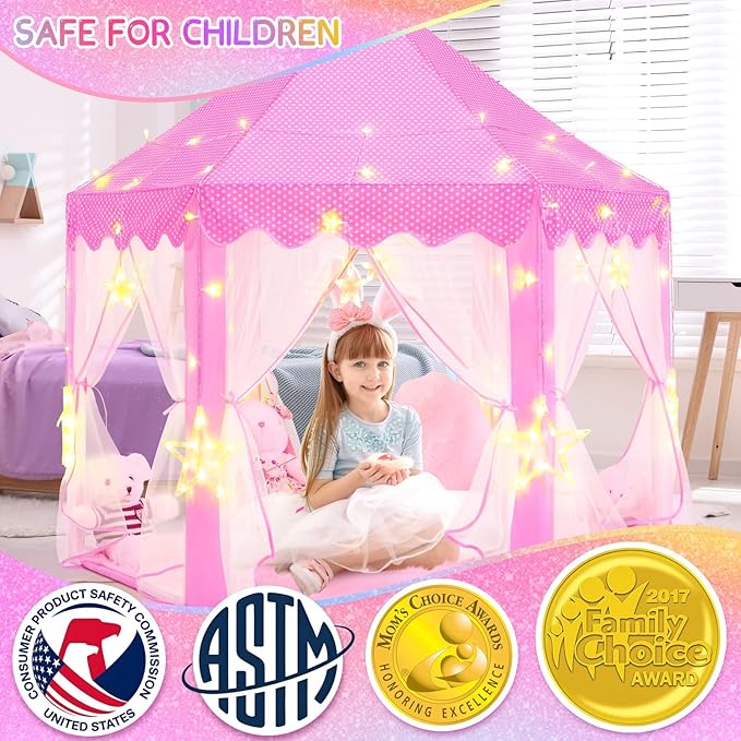 EVOIONOS Princess Tent for Girls, Castle Tent for Girls, Princess Castle Play Tent with Large Star Lights, Kids Tent Indoor Playhouse, Pink Girls Tent, 55 x 53 inches