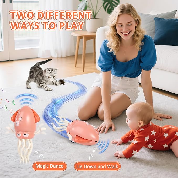 Dancing Octopus Toy with LED Lights and Music, Fishing Rod, Automatic Avoidance, Crawling, Tummy Time Toy, Suitable for Children 3 Years and Older, Birthday Gift (Pink)