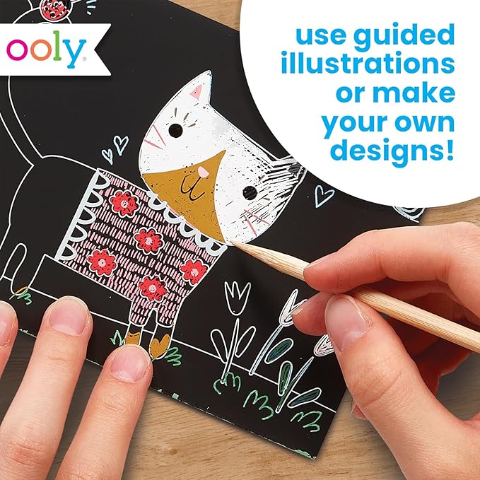 Ooly Mini Scratch & Scribble Art Kit - 6 Card Rainbow Scratch Art Set Gifts for Kids, Travel-Friendly Craft Kit, Wooden Tool Included - Cutie Cats